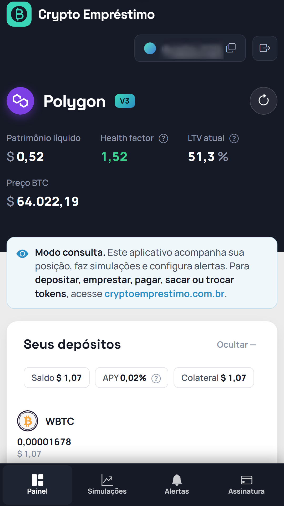 Painel do aplicativo Android do Crypto Empréstimo mostrando patrimônio líquido, health factor, LTV atual e a garantia depositada.